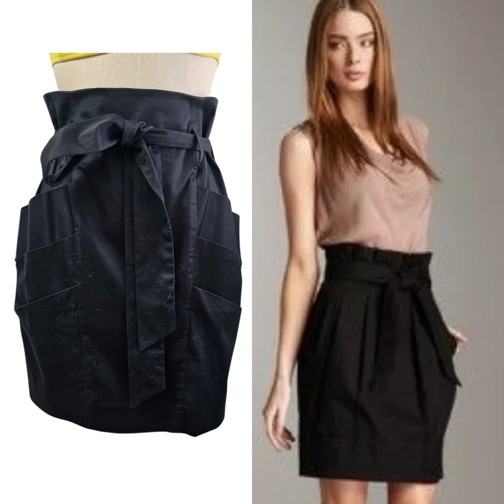 BCBGMaxAzria Stella Cotton Black High-Waisted Paperbag Skirt Size 2